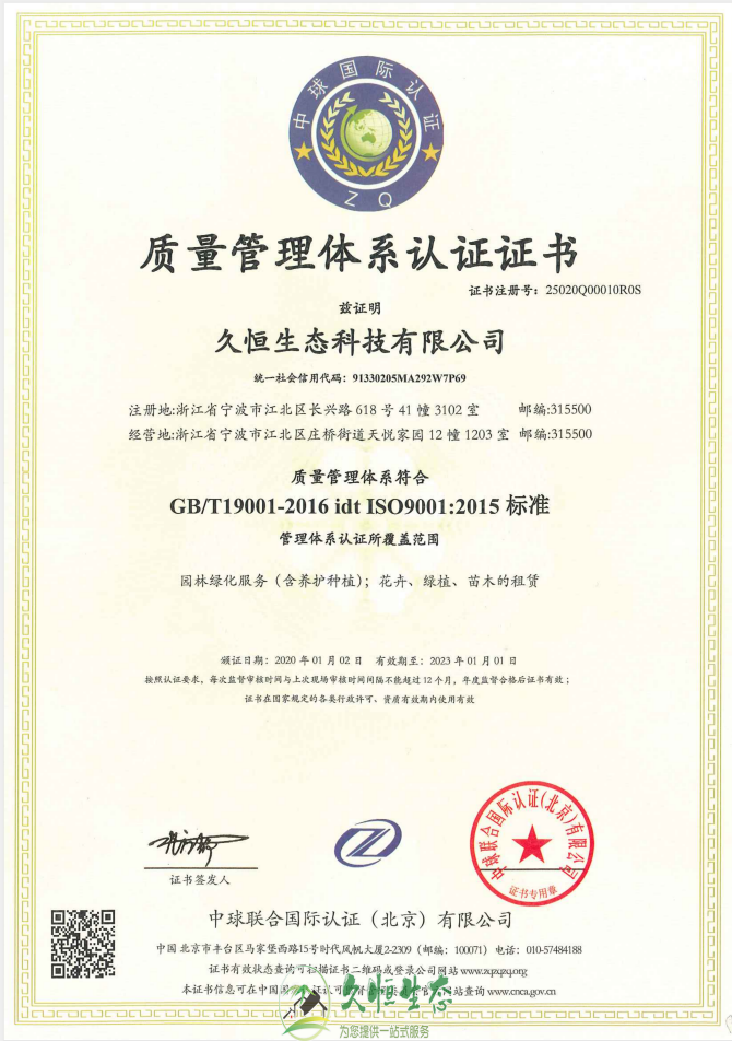 南京雨花台质量管理体系ISO9001证书