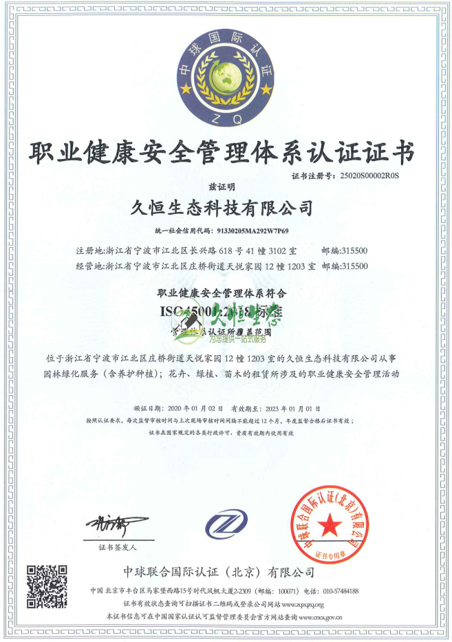 南京雨花台职业健康安全管理体系ISO45001证书
